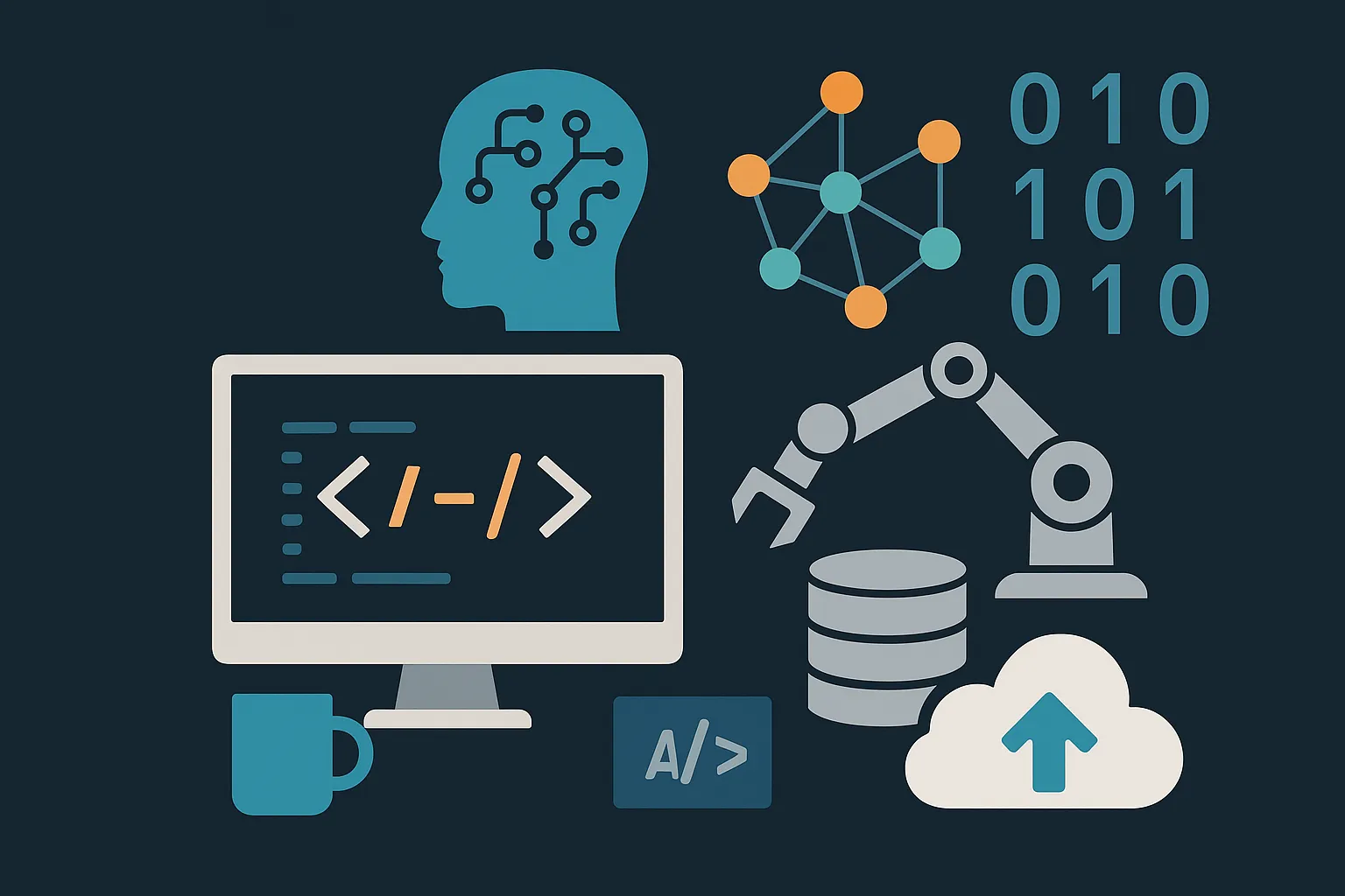 AI‑assisted code analytics with robotic arm, code monitor and cloud upload symbolising PHP library trend analysis