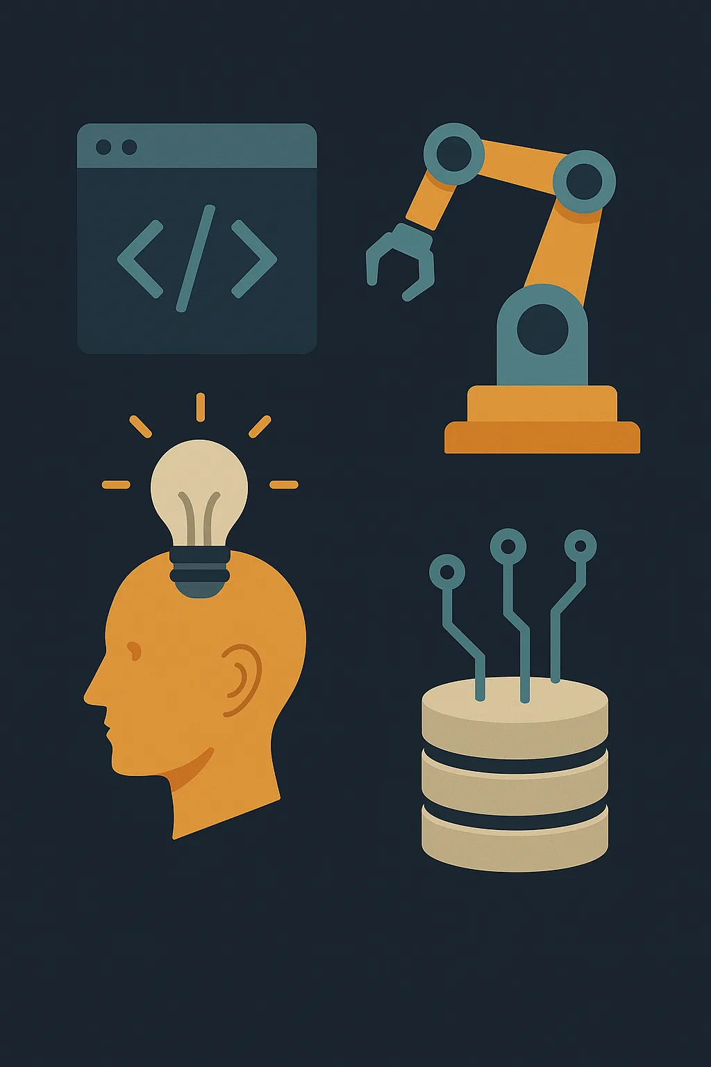 Illustration of PHP code with robotic arm, lightbulb and database icons representing an intelligent library radar
