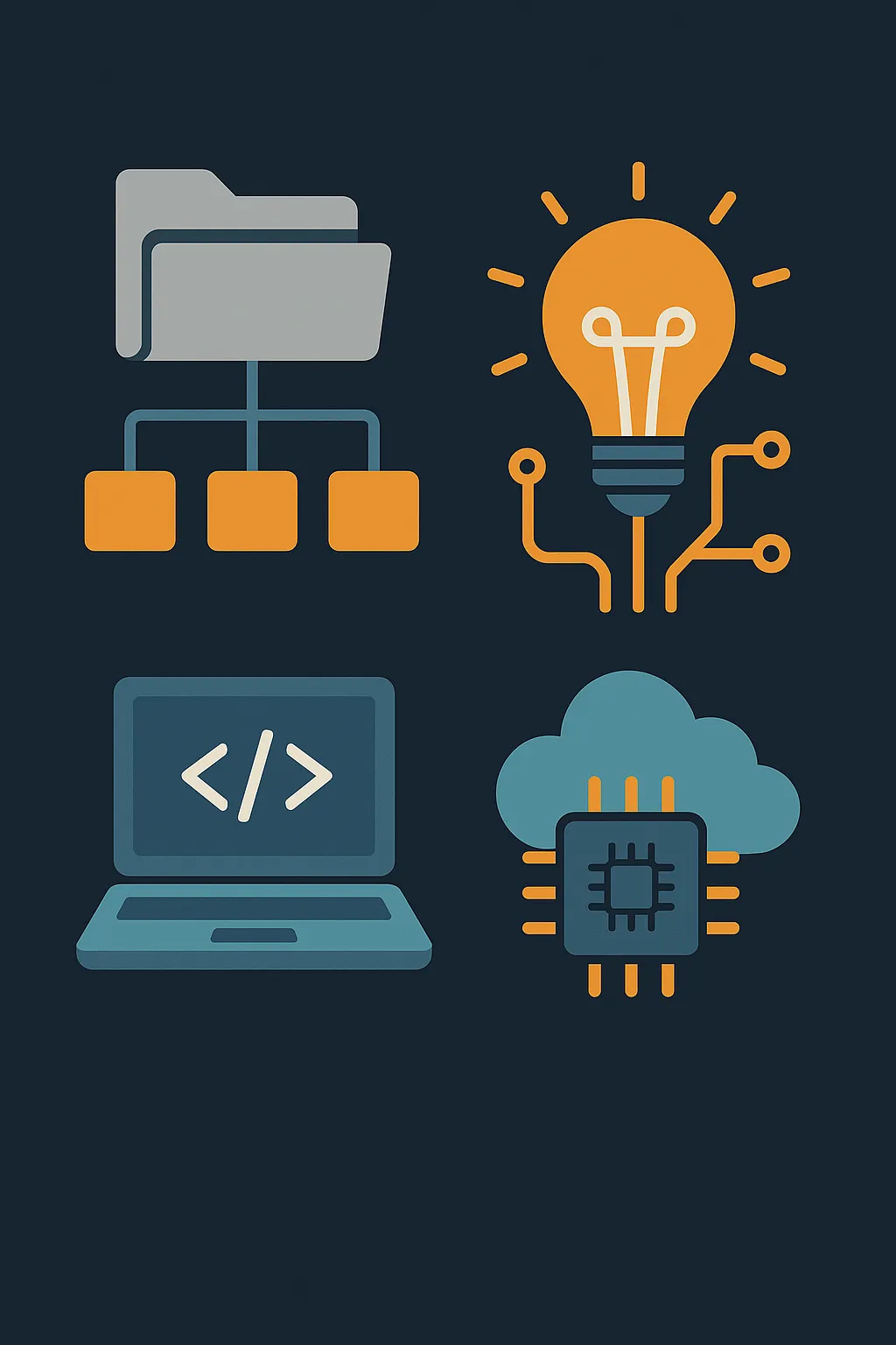 Laptop with code, folder hierarchy and cloud chip representing structured PHP library categories