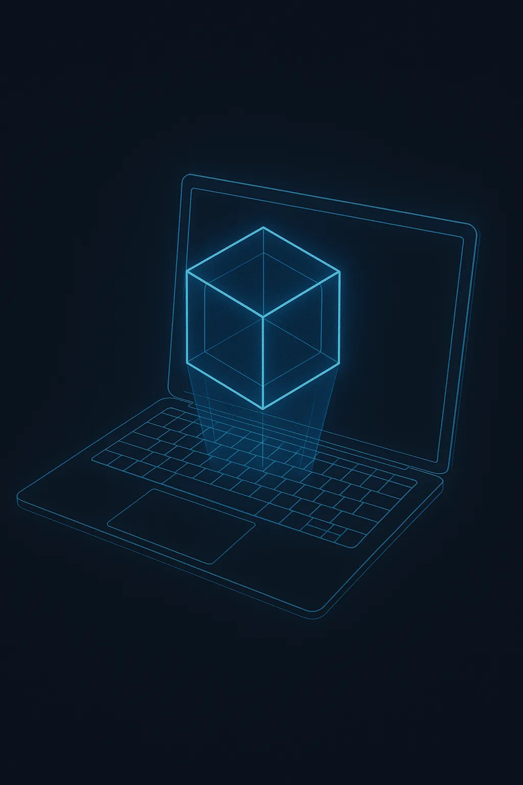 Laptop projecting a holographic 3D cube, representing framework integrations and modular architecture