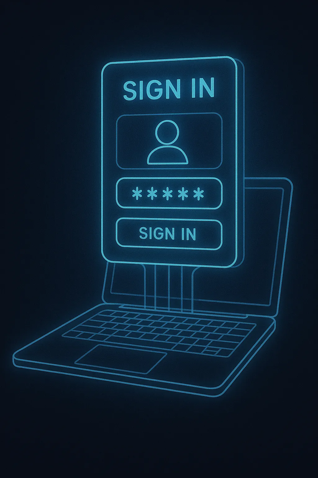 Neon laptop login screen symbolising a polished FluxCP sign-in experience