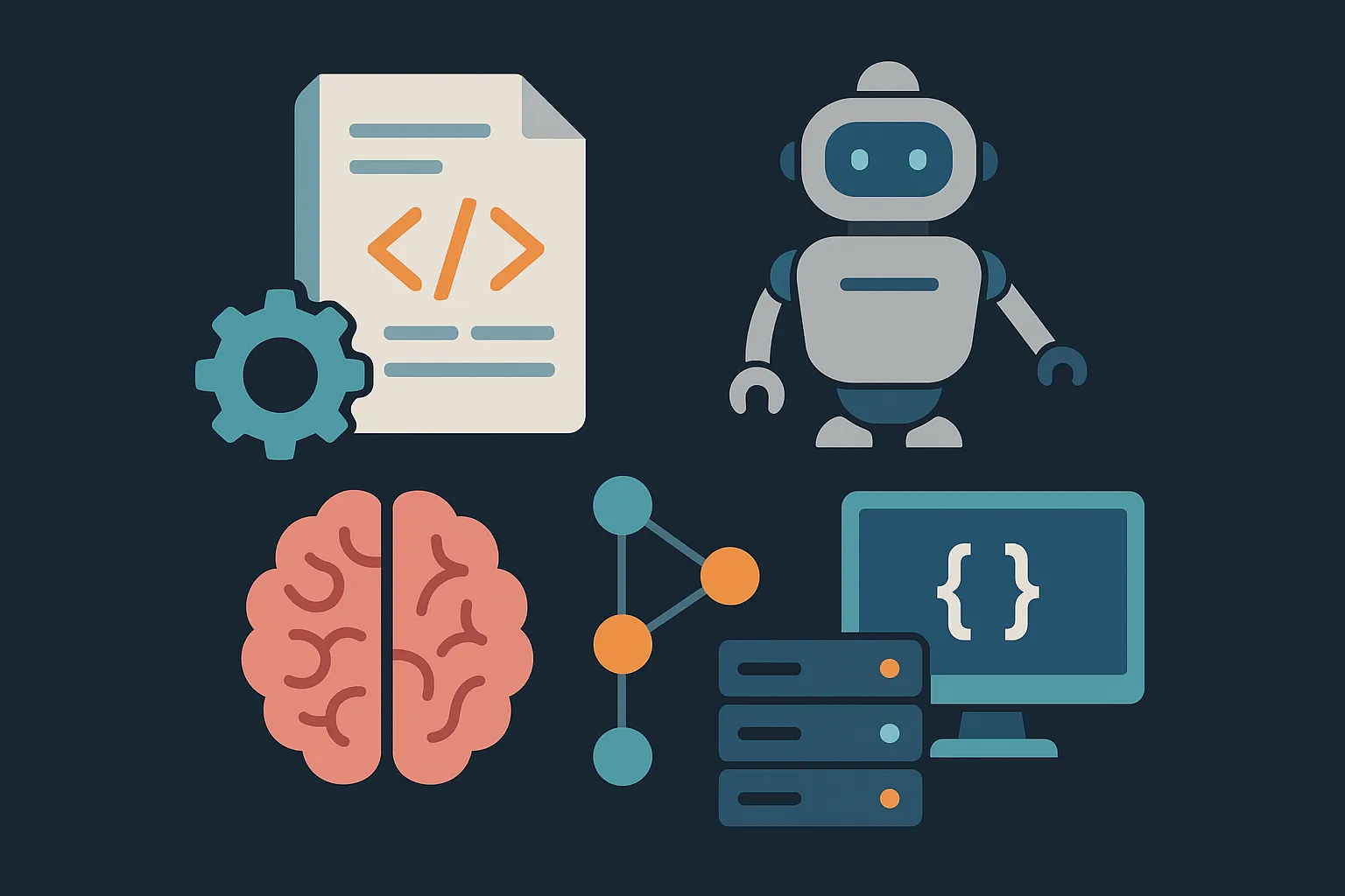 Robot and connected brain over a stack of servers representing PHP frameworks running production workloads